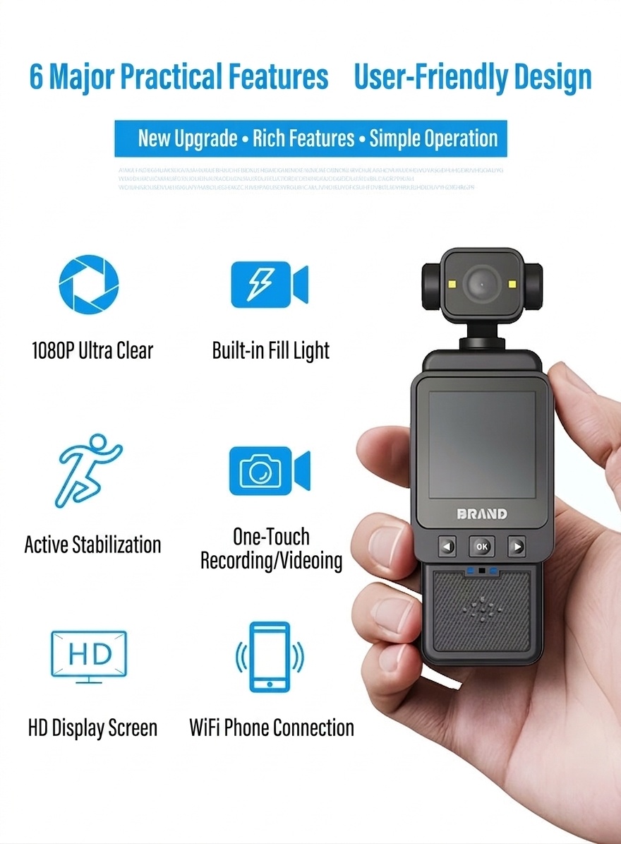 Portable 1080P HD Mini Camera Recorder with Wi-Fi Connectivity, Anti-Shake Technology, 1.6-Inch Display