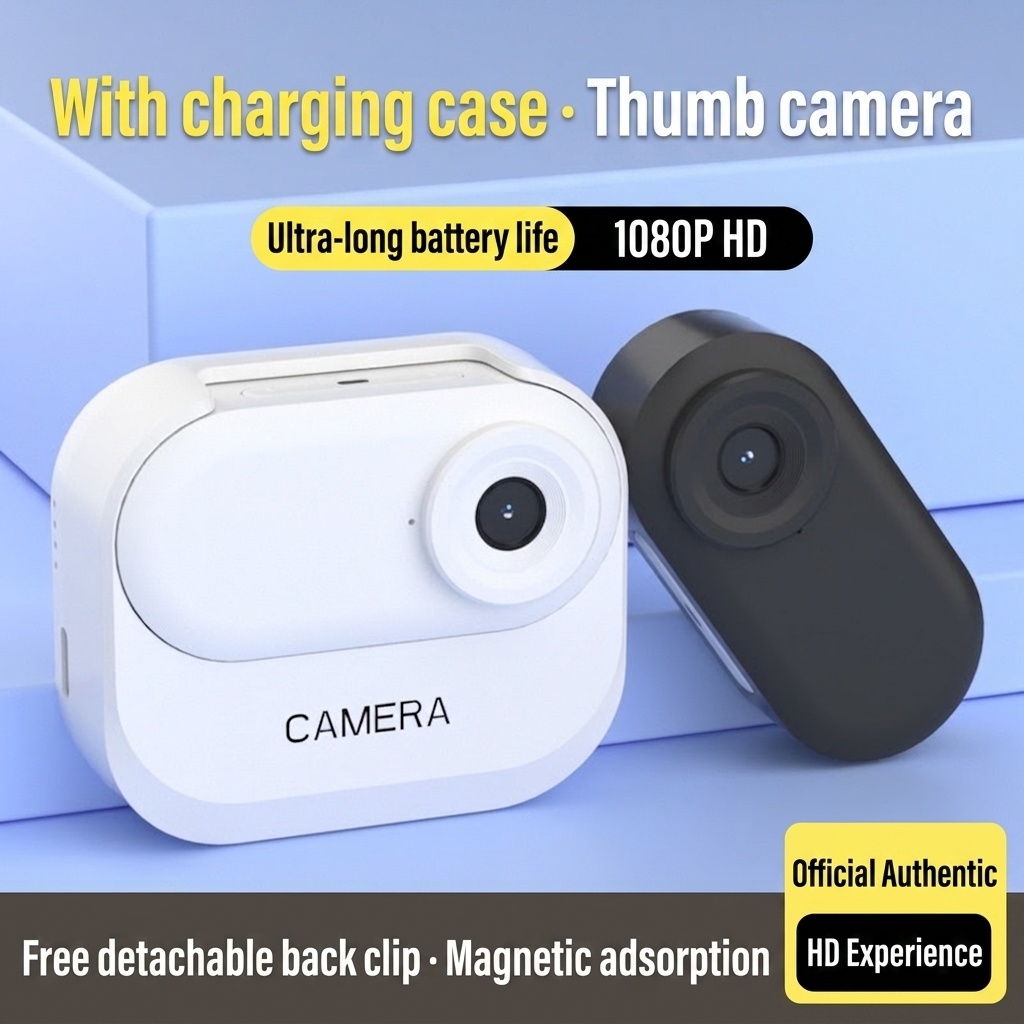 Mini cámara de acción portátil HD 1080P con estuche de carga portátil, batería de 300 minutos de duración y soporte magnético.