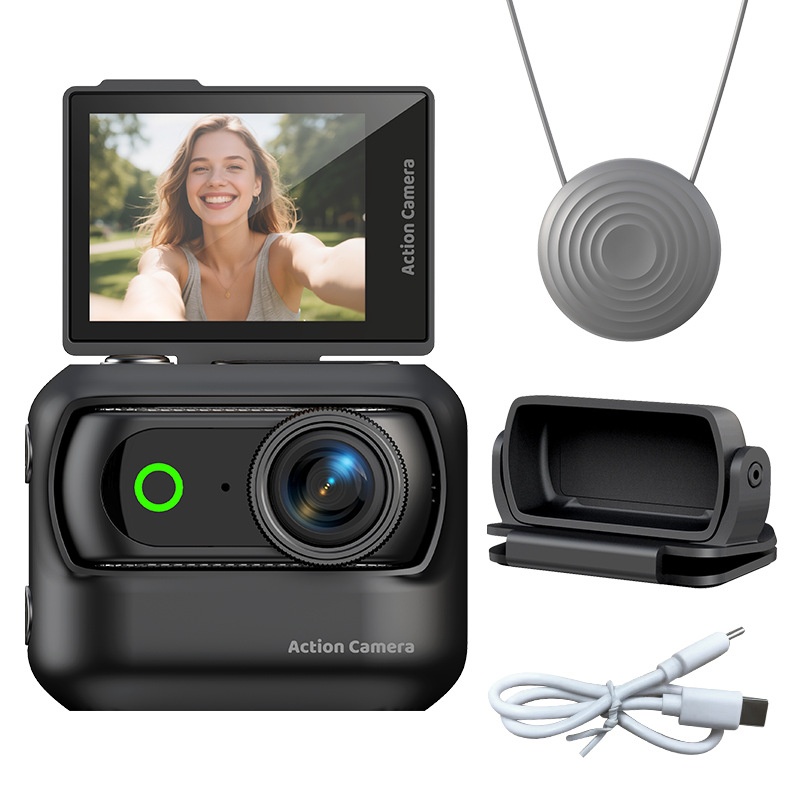Mini 4K Action Camera with Flip Screen, Magnetic Mount, Up to 3 Hours Recording with Expansion Base