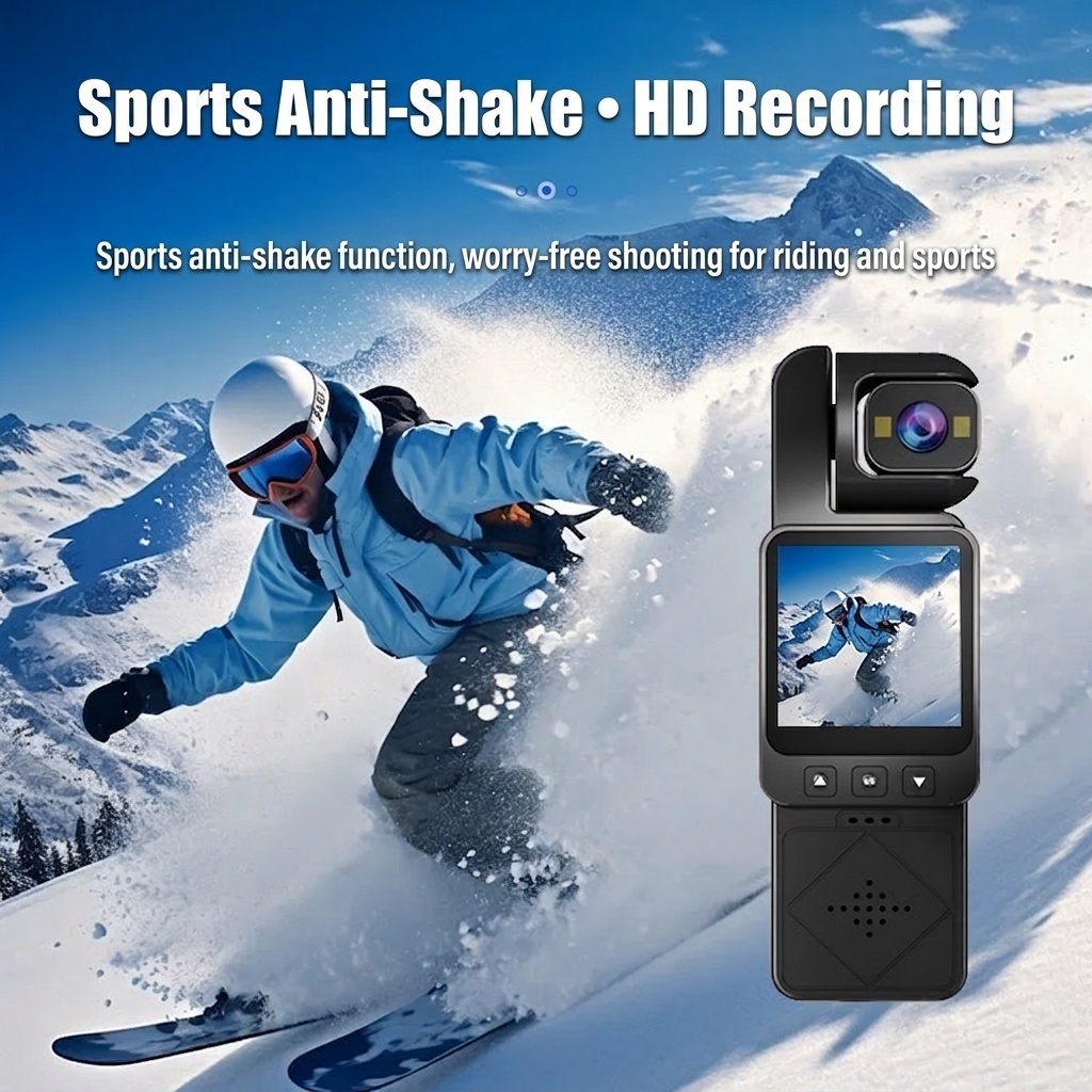 Cámara de acción portátil 1080P con rotación de 360°, conectividad WiFi, tecnología antivibración y luces de relleno integradas.