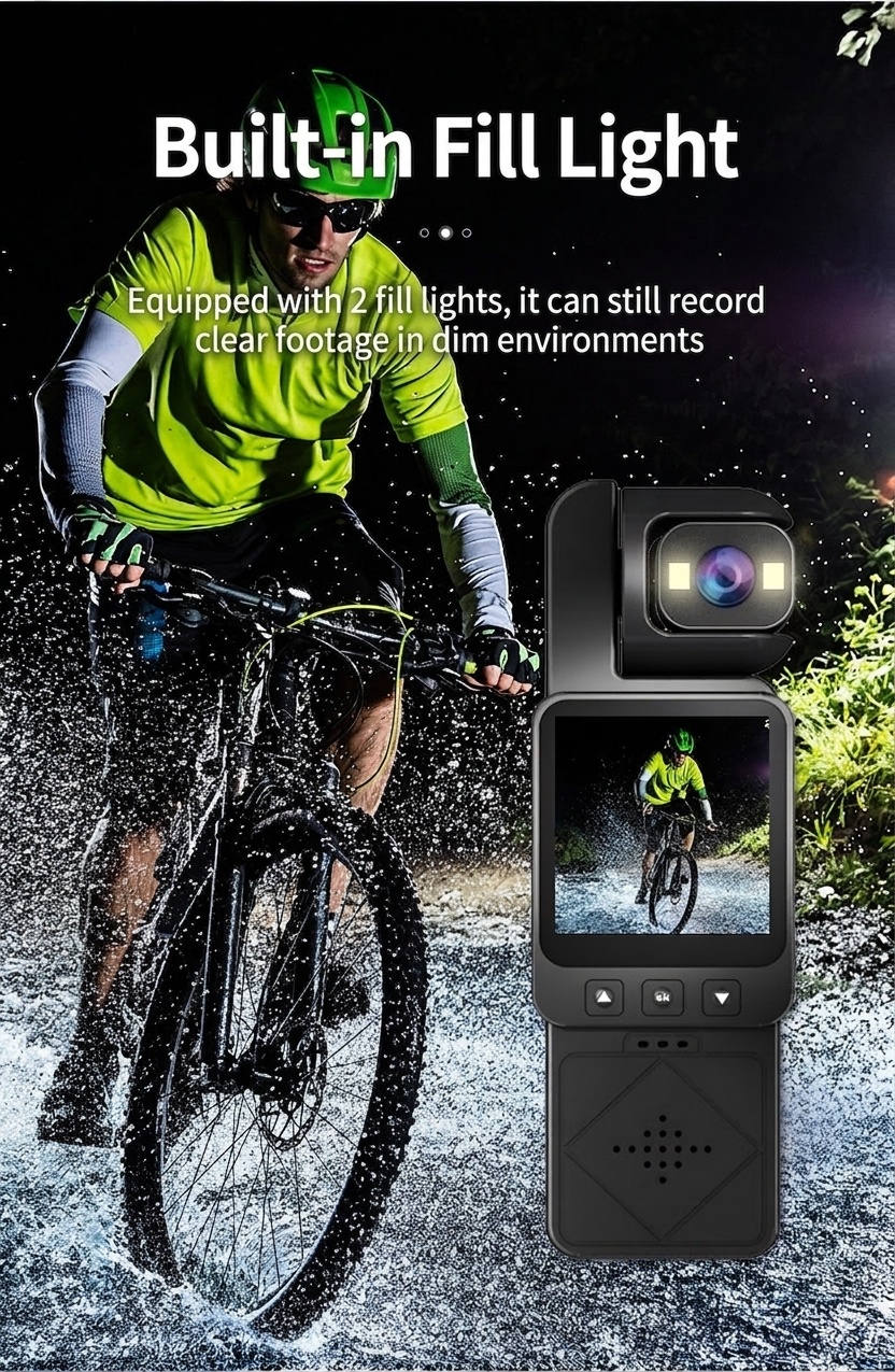 Cámara de acción portátil 1080P con rotación de 360°, conectividad WiFi, tecnología antivibración y luces de relleno integradas.