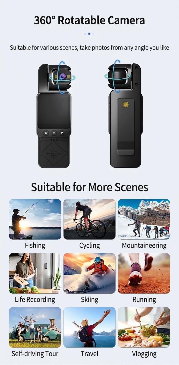 Cámara de acción portátil 1080P con rotación de 360°, conectividad WiFi, tecnología antivibración y luces de relleno integradas.