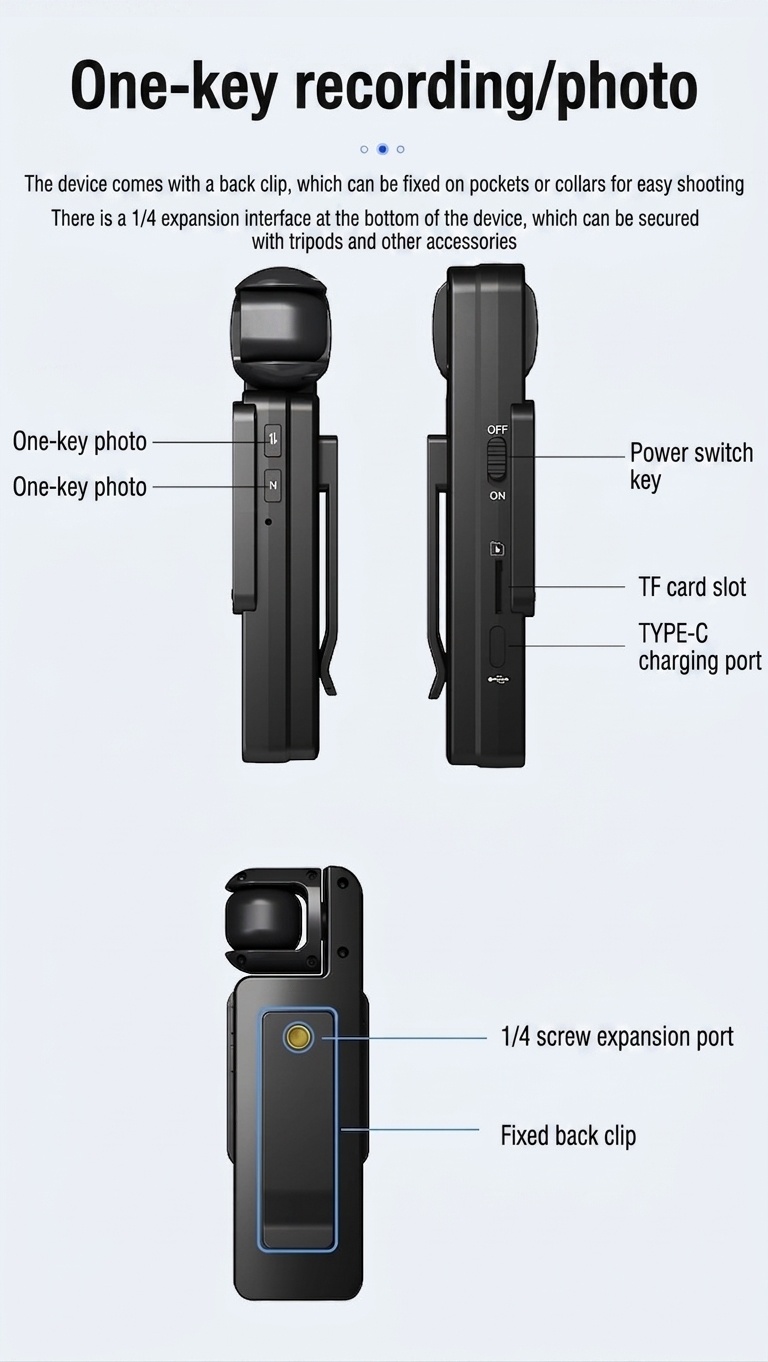 Cámara de acción portátil 1080P con rotación de 360°, conectividad WiFi, tecnología antivibración y luces de relleno integradas.