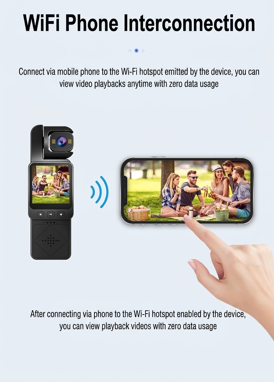 Cámara de acción portátil 1080P con rotación de 360°, conectividad WiFi, tecnología antivibración y luces de relleno integradas.