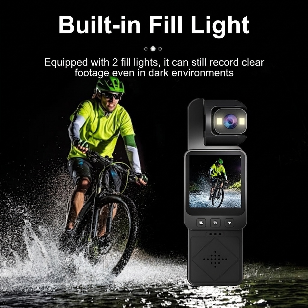 Cámara de acción portátil 1080P con rotación de 360°, conectividad WiFi, tecnología antivibración y luces de relleno integradas.