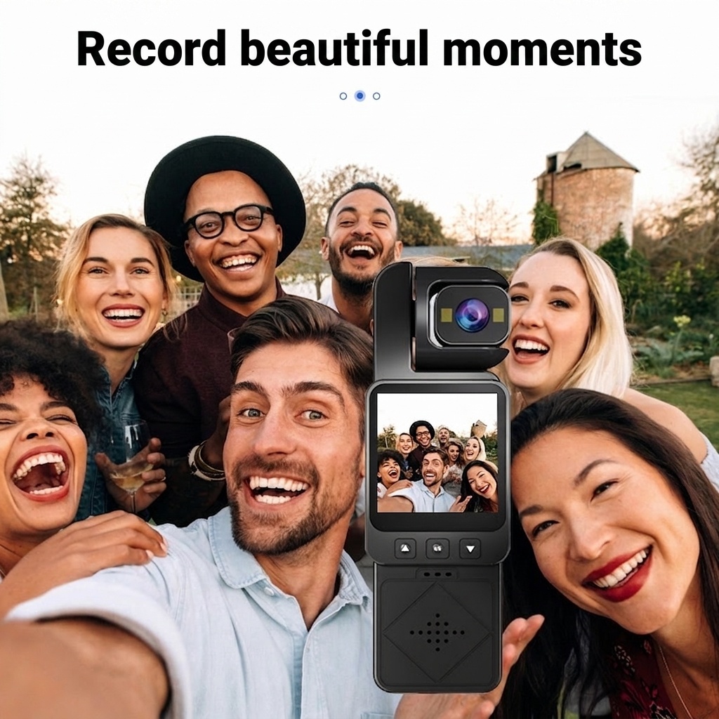 Cámara de acción portátil 1080P con rotación de 360°, conectividad WiFi, tecnología antivibración y luces de relleno integradas.