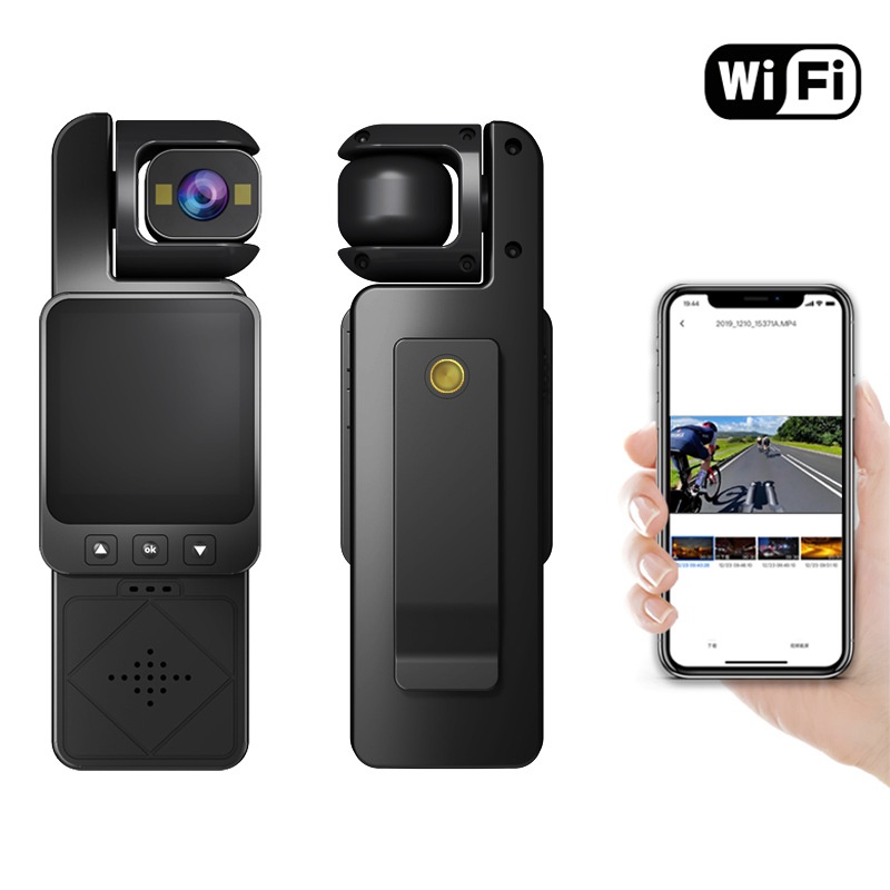 Cámara de acción portátil 1080P con rotación de 360°, conectividad WiFi, tecnología antivibración y luces de relleno integradas.