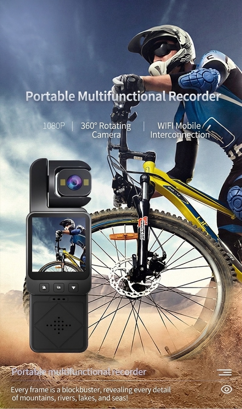 Cámara de acción portátil 1080P con rotación de 360°, conectividad WiFi, tecnología antivibración y luces de relleno integradas.