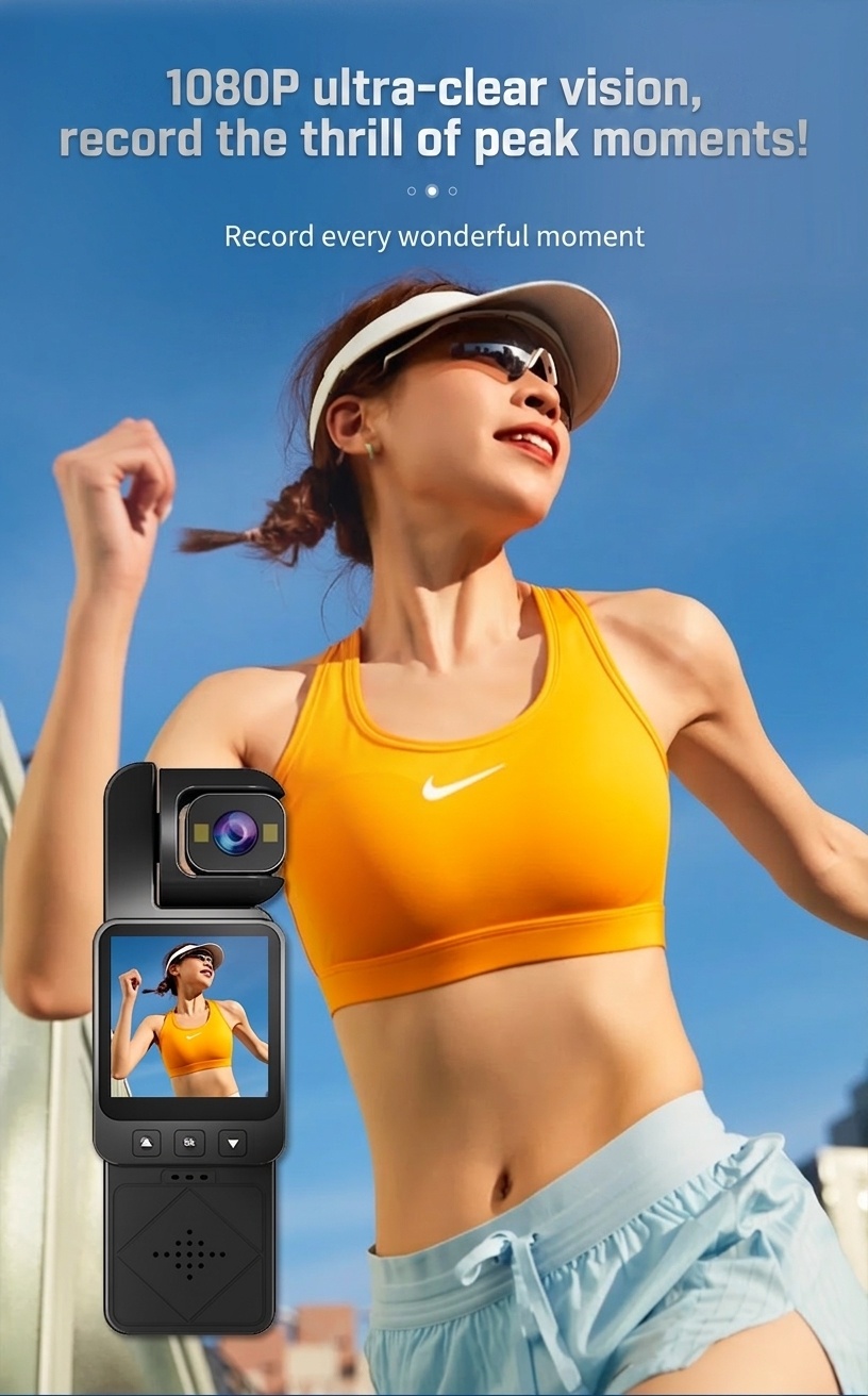 Cámara de acción portátil 1080P con rotación de 360°, conectividad WiFi, tecnología antivibración y luces de relleno integradas.