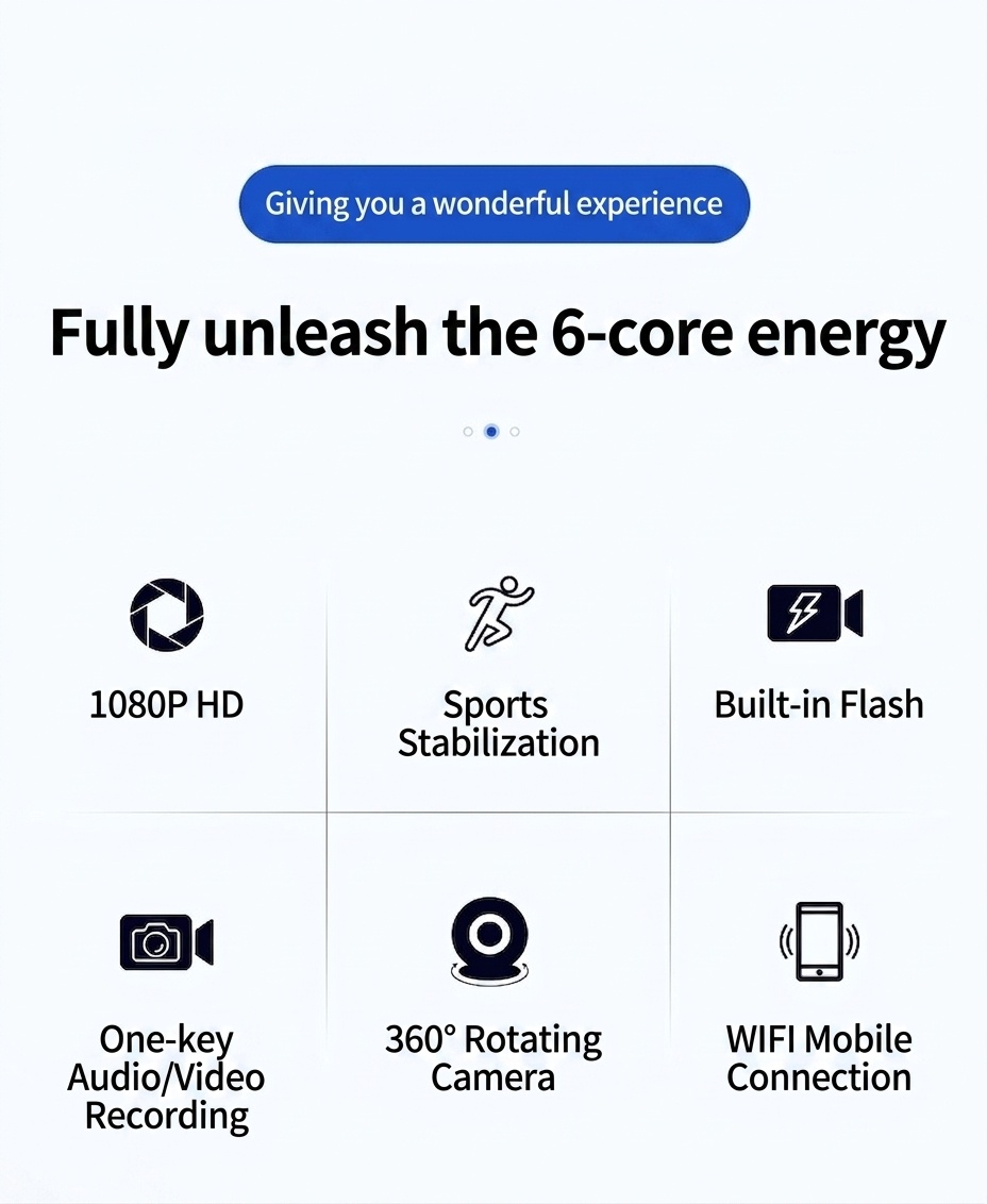 Cámara de acción portátil 1080P con rotación de 360°, conectividad WiFi, tecnología antivibración y luces de relleno integradas.