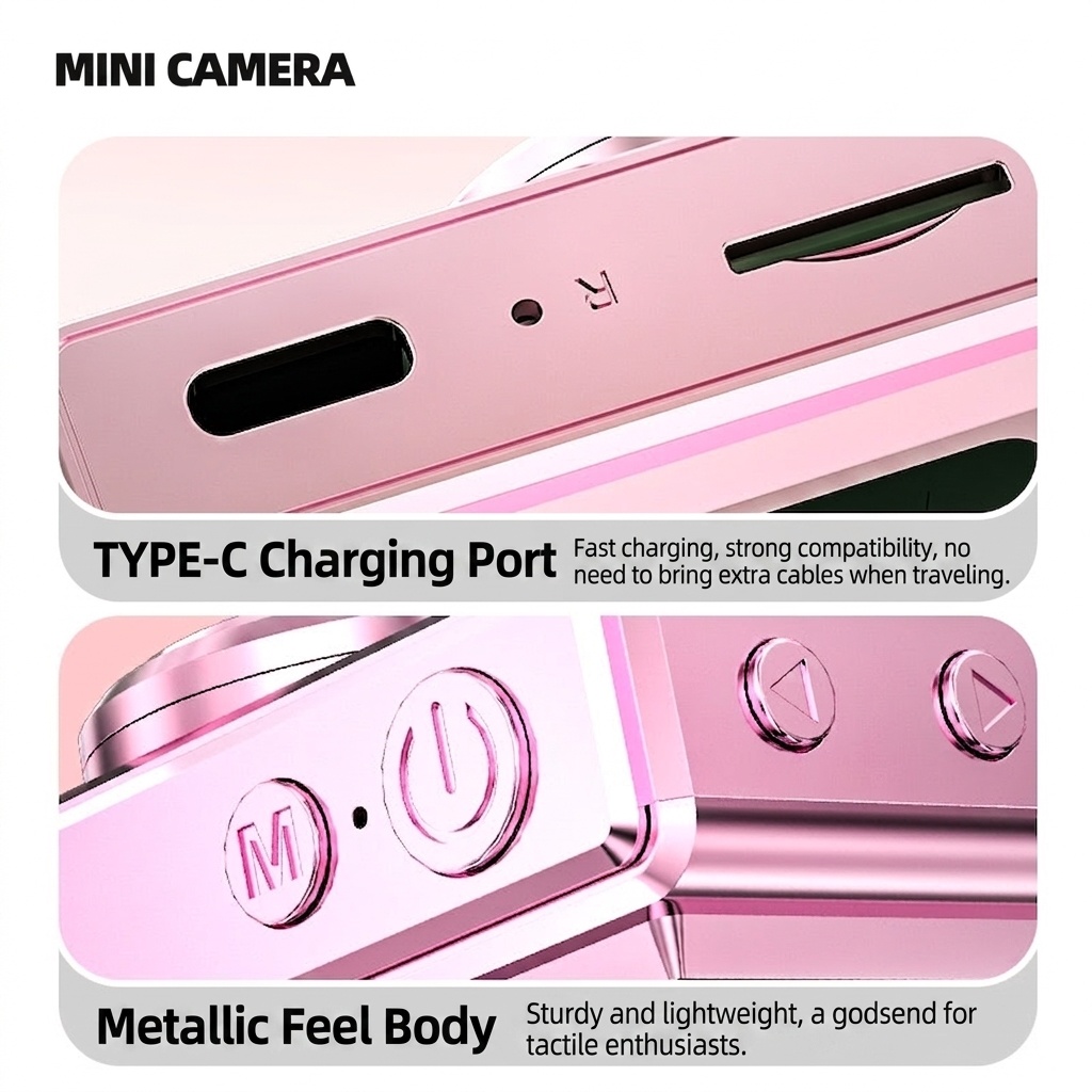 Mini-Digitalkamera für unterwegs: 1080p-Video, 12-MP-Fotos, 0,96-Zoll-Bildschirm, Retro-Filter, USB-C-Ladeanschluss