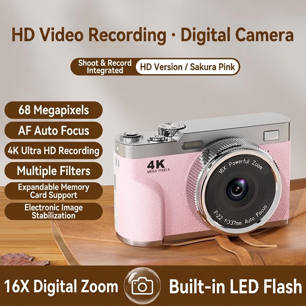 4K Digital Camera 68MP Vlogging Camcorder, 16X Zoom, Auto-Focus, Electronic Anti-Shake, 1000mAh Battery