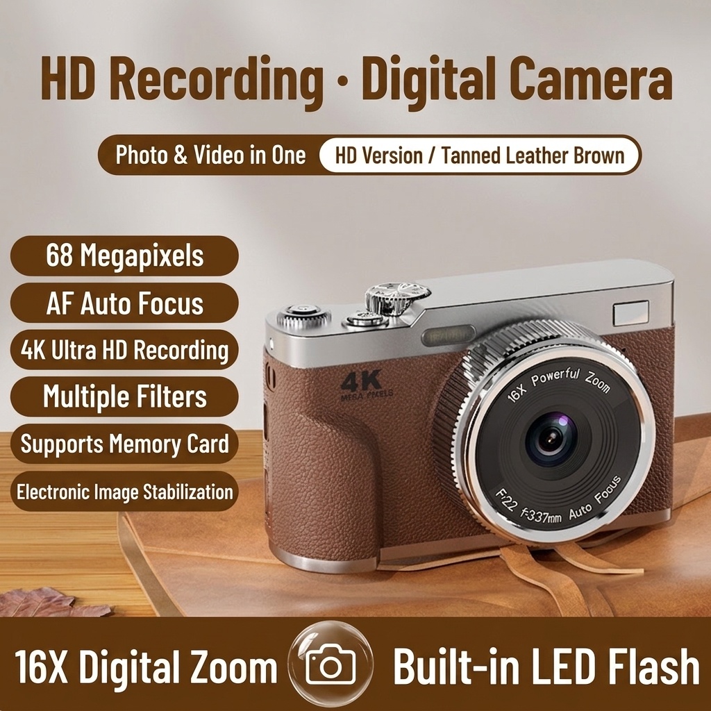 4K Digital Camera 68MP Vlogging Camcorder, 16X Zoom, Auto-Focus, Electronic Anti-Shake, 1000mAh Battery