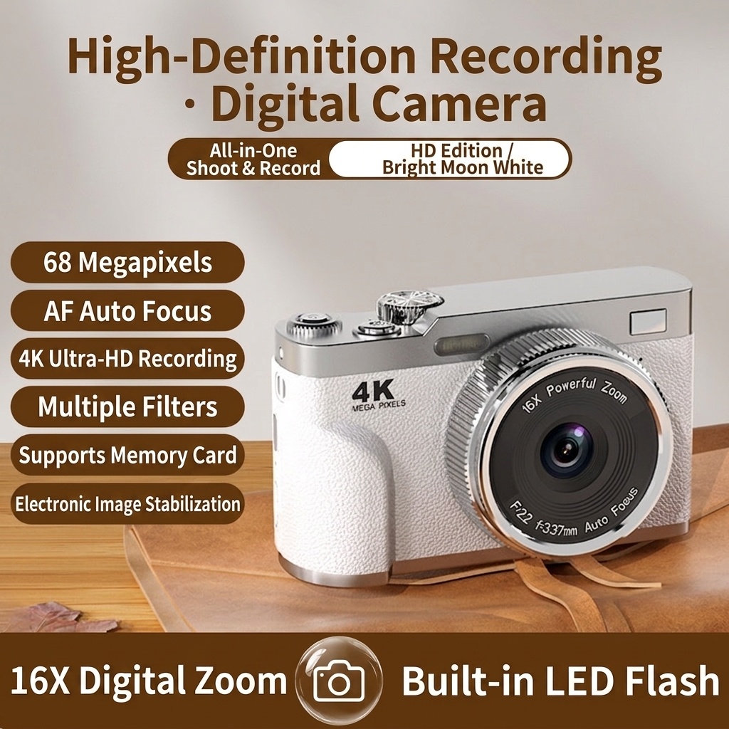 4K Digital Camera 68MP Vlogging Camcorder, 16X Zoom, Auto-Focus, Electronic Anti-Shake, 1000mAh Battery