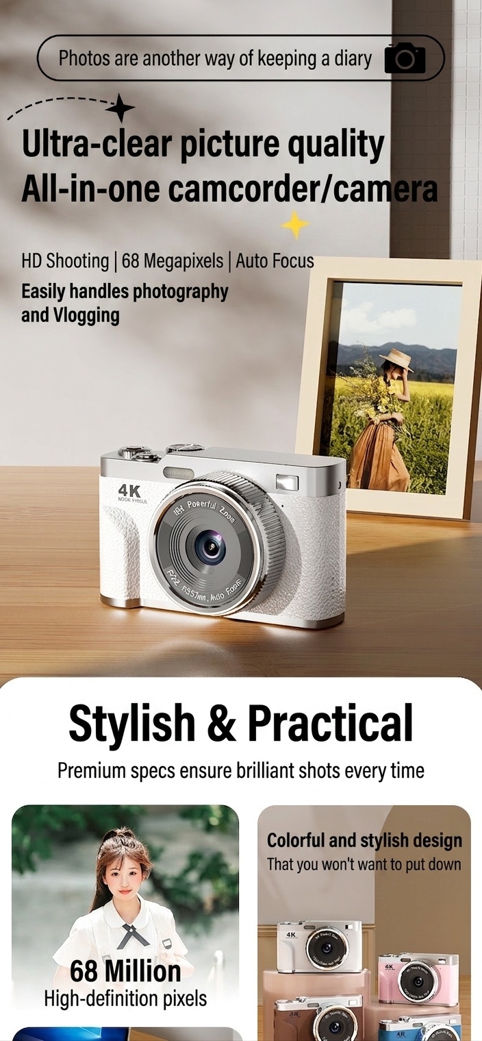 4K Digital Camera 68MP Vlogging Camcorder, 16X Zoom, Auto-Focus, Electronic Anti-Shake, 1000mAh Battery