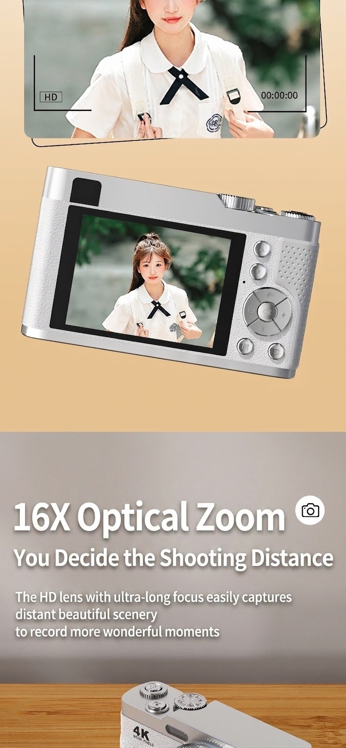 4K Digital Camera 68MP Vlogging Camcorder, 16X Zoom, Auto-Focus, Electronic Anti-Shake, 1000mAh Battery