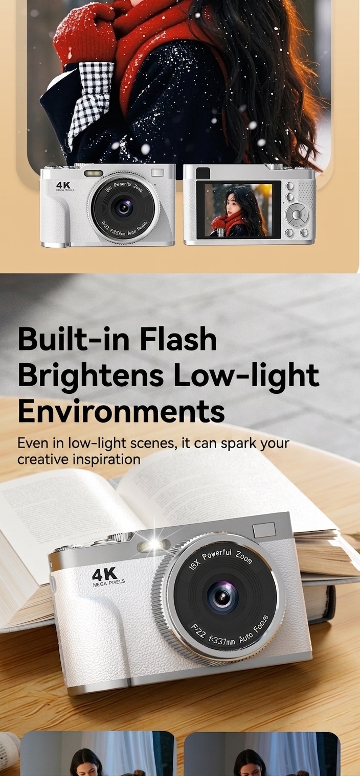 4K Digital Camera 68MP Vlogging Camcorder, 16X Zoom, Auto-Focus, Electronic Anti-Shake, 1000mAh Battery