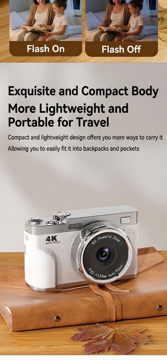 4K Digital Camera 68MP Vlogging Camcorder, 16X Zoom, Auto-Focus, Electronic Anti-Shake, 1000mAh Battery