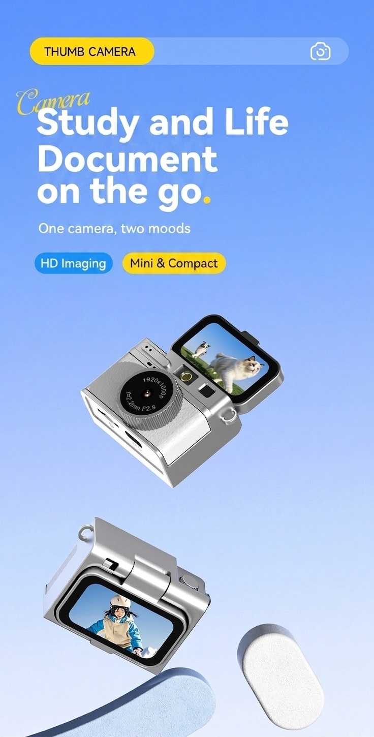 Mini Digital Camera 1080P Flip Screen Vlogging Camcorder for Selfies, 180mAh Battery, TF Card Support
