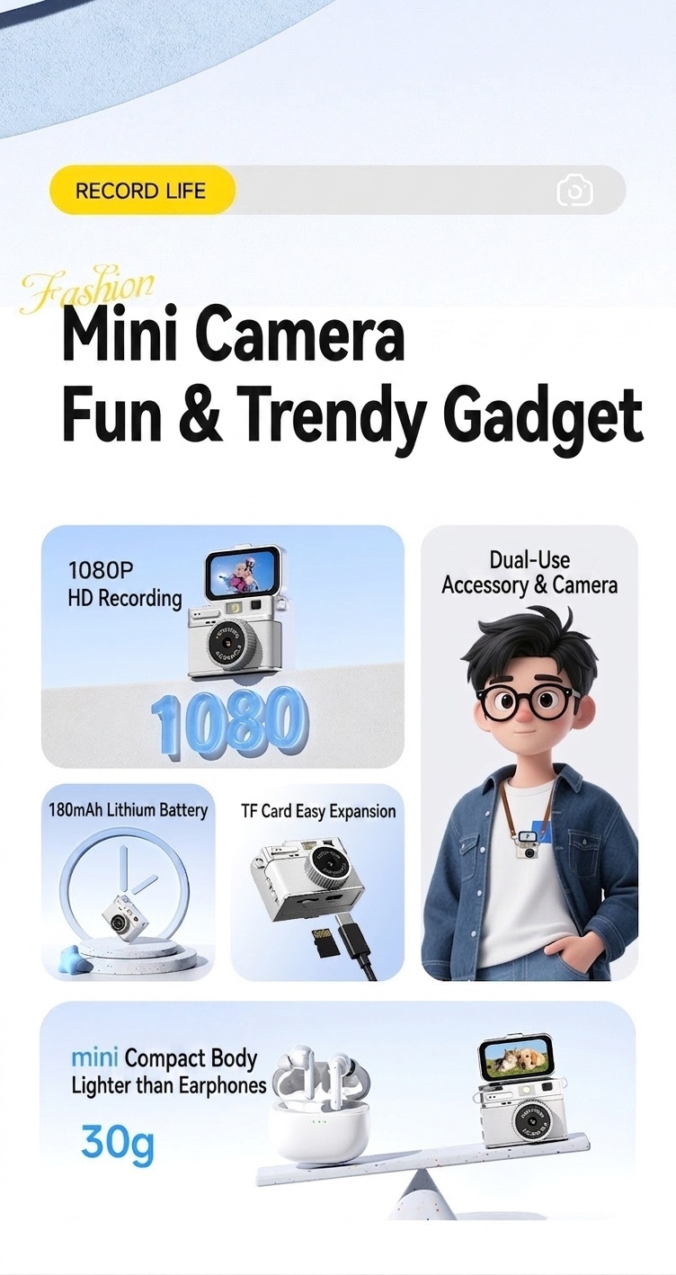 Mini Digital Camera 1080P Flip Screen Vlogging Camcorder for Selfies, 180mAh Battery, TF Card Support