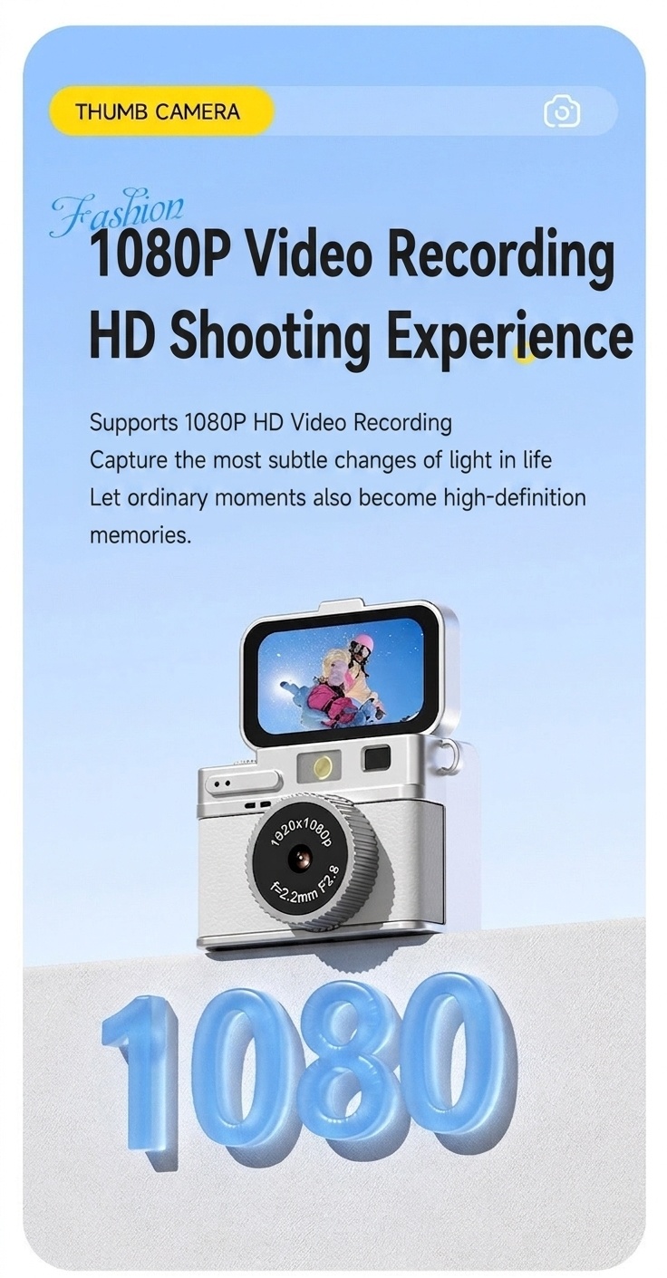 Mini Digital Camera 1080P Flip Screen Vlogging Camcorder for Selfies, 180mAh Battery, TF Card Support