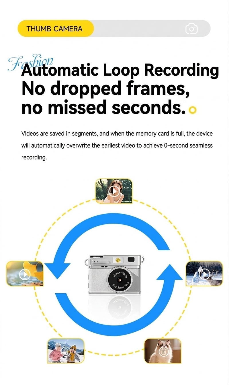 Mini Digital Camera 1080P Flip Screen Vlogging Camcorder for Selfies, 180mAh Battery, TF Card Support