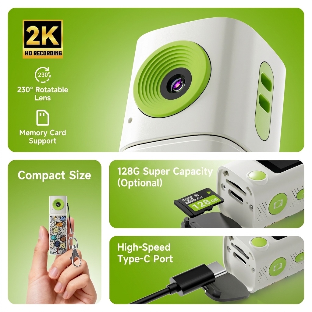 G10 2K Mini Action Camera with 230° Rotating Lens, TFT Screen, Fast Type-C Charging, Compact Portable