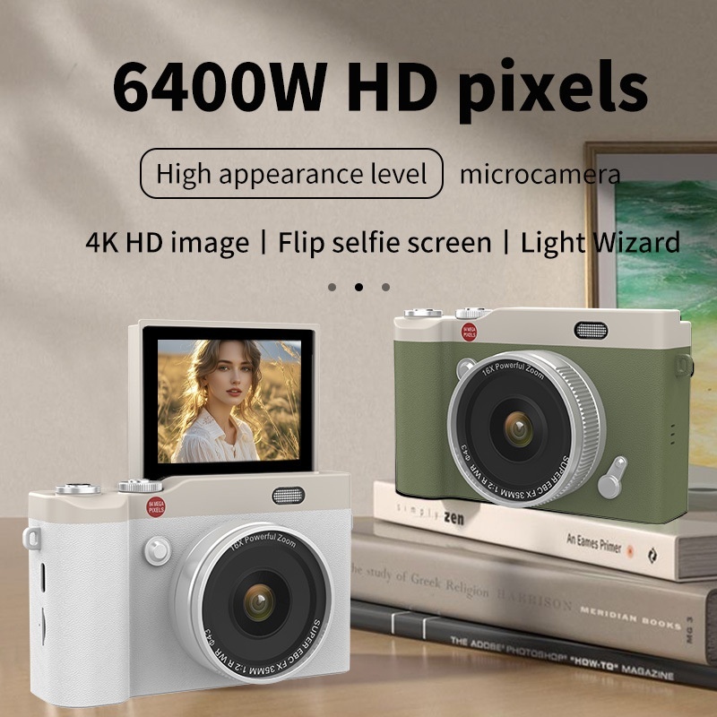 64MP 4K Digital Camera with 180° Flip Screen, 16X Digital Zoom, Autofocus, 850mAh Battery, OTG Connectivity