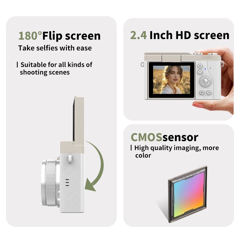 64MP 4K Digital Camera with 180° Flip Screen, 16X Digital Zoom, Autofocus, 850mAh Battery, OTG Connectivity