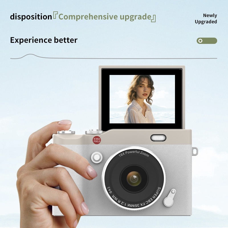 64MP 4K Digital Camera with 180° Flip Screen, 16X Digital Zoom, Autofocus, 850mAh Battery, OTG Connectivity