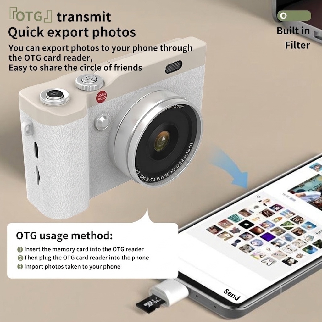 64MP 4K Digital Camera with 180° Flip Screen, 16X Digital Zoom, Autofocus, 850mAh Battery, OTG Connectivity