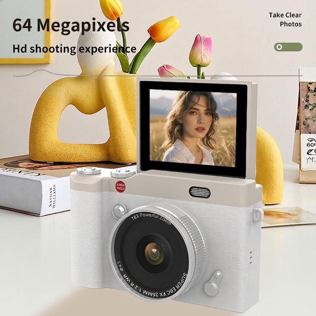 64MP 4K Digital Camera with 180° Flip Screen, 16X Digital Zoom, Autofocus, 850mAh Battery, OTG Connectivity