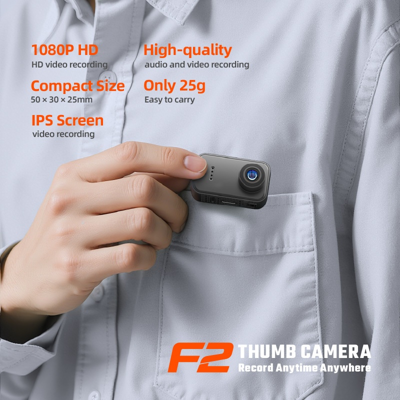 F2 Thumb Camera 1080P HD Wearable Mini Action Camera, 130° Wide-Angle Lens, 1.47-Inch IPS Screen, 25g