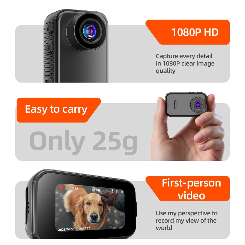 F2 Thumb Camera 1080P HD Wearable Mini Action Camera, 130° Wide-Angle Lens, 1.47-Inch IPS Screen, 25g