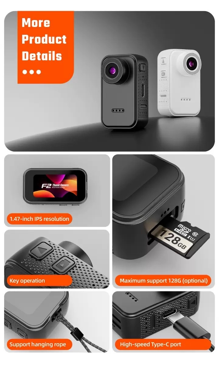 F2 Thumb Camera 1080P HD Wearable Mini Action Camera, 130° Wide-Angle Lens, 1.47-Inch IPS Screen, 25g