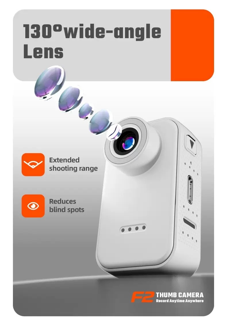 F2 Thumb Camera 1080P HD Wearable Mini Action Camera, 130° Wide-Angle Lens, 1.47-Inch IPS Screen, 25g