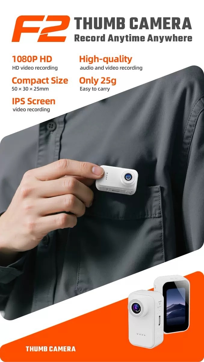 F2 Thumb Camera 1080P HD Wearable Mini Action Camera, 130° Wide-Angle Lens, 1.47-Inch IPS Screen, 25g