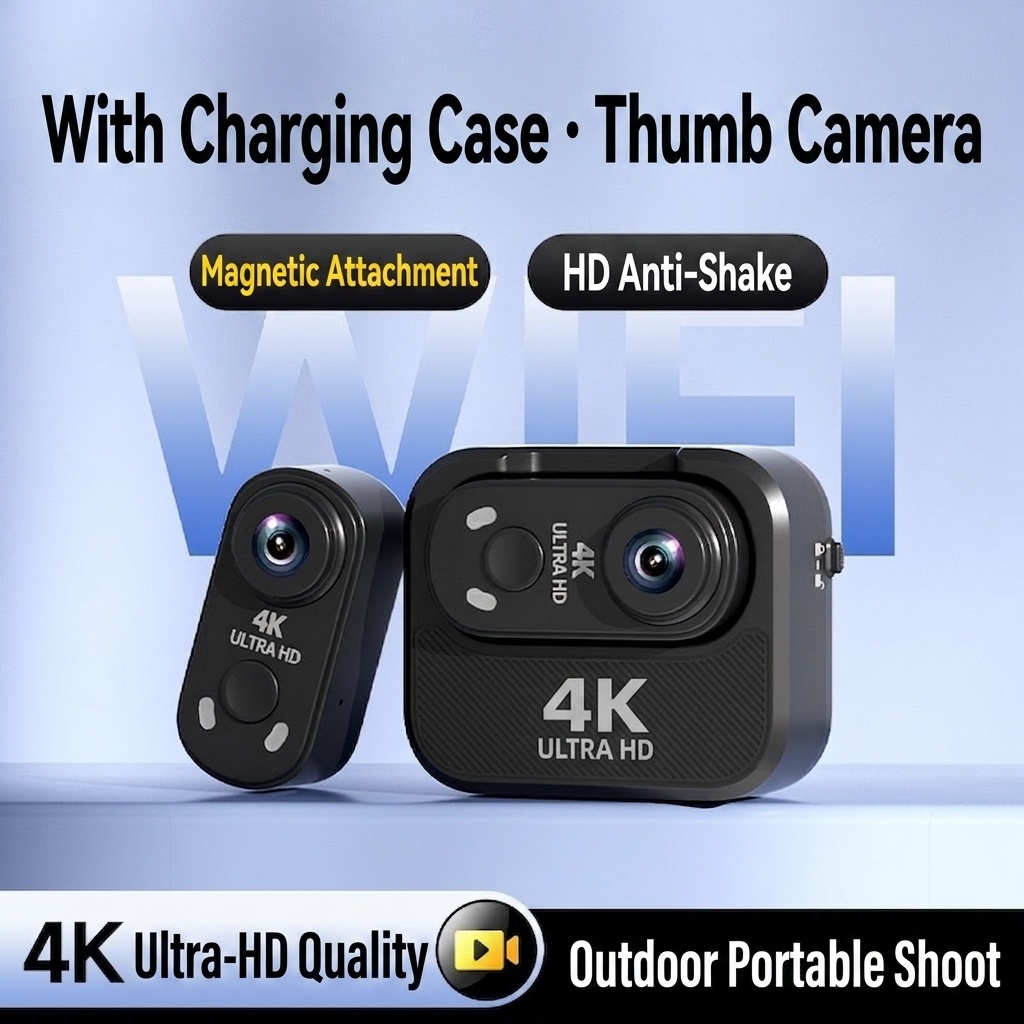 4K Ultra HD Mini Action Camera with Portable Charging Case, WiFi Connectivity, Anti-Shake Technology, Magnetic Mount