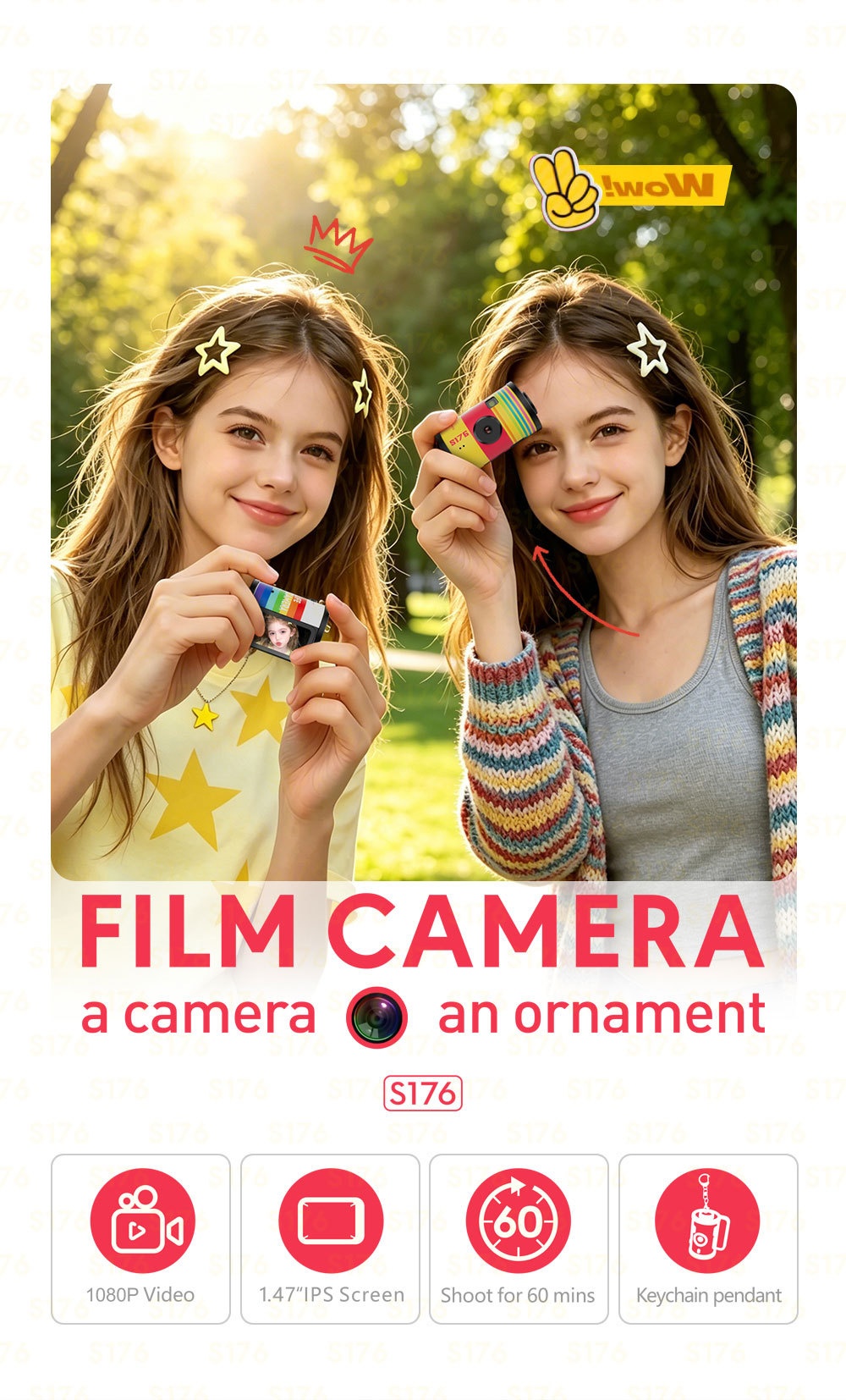 Retro Film Camera Keychain Mini Digital Camera 1080P Video, 1.47" IPS Color Screen, 180mAh Battery
