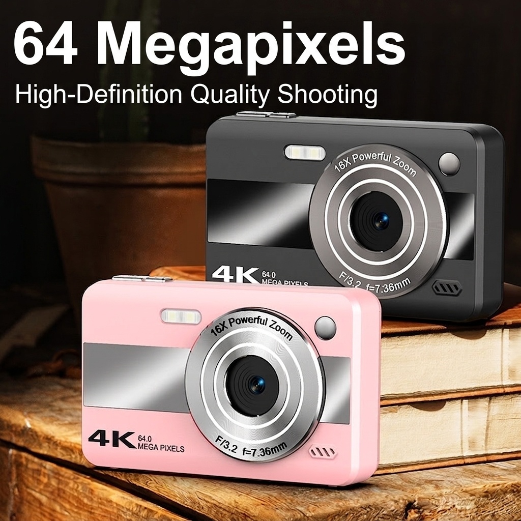 Cámara digital 4K de 64 MP para estudiantes, cámara compacta para vlogging con zoom de 16x, pantalla LCD de 2,4 pulgadas y flash incorporado.