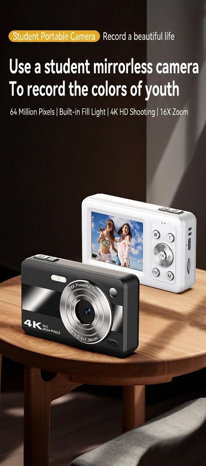 Cámara digital 4K de 64 MP para estudiantes, cámara compacta para vlogging con zoom de 16x, pantalla LCD de 2,4 pulgadas y flash incorporado.