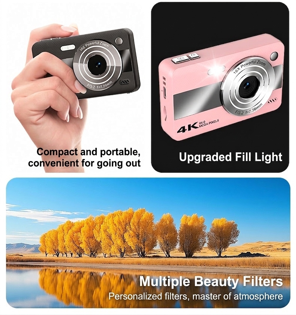 Cámara digital 4K de 64 MP para estudiantes, cámara compacta para vlogging con zoom de 16x, pantalla LCD de 2,4 pulgadas y flash incorporado.
