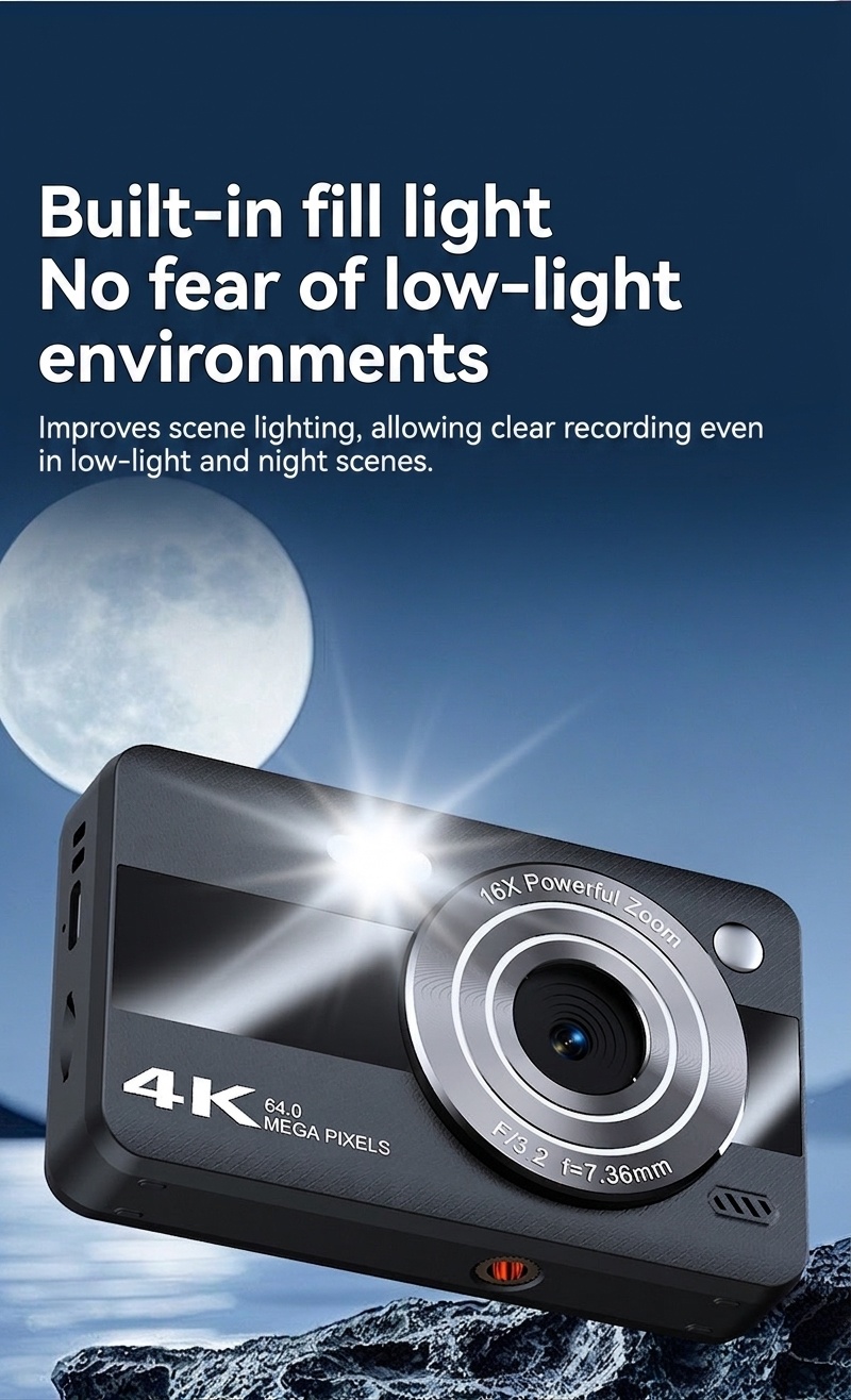 Cámara digital 4K de 64 MP para estudiantes, cámara compacta para vlogging con zoom de 16x, pantalla LCD de 2,4 pulgadas y flash incorporado.