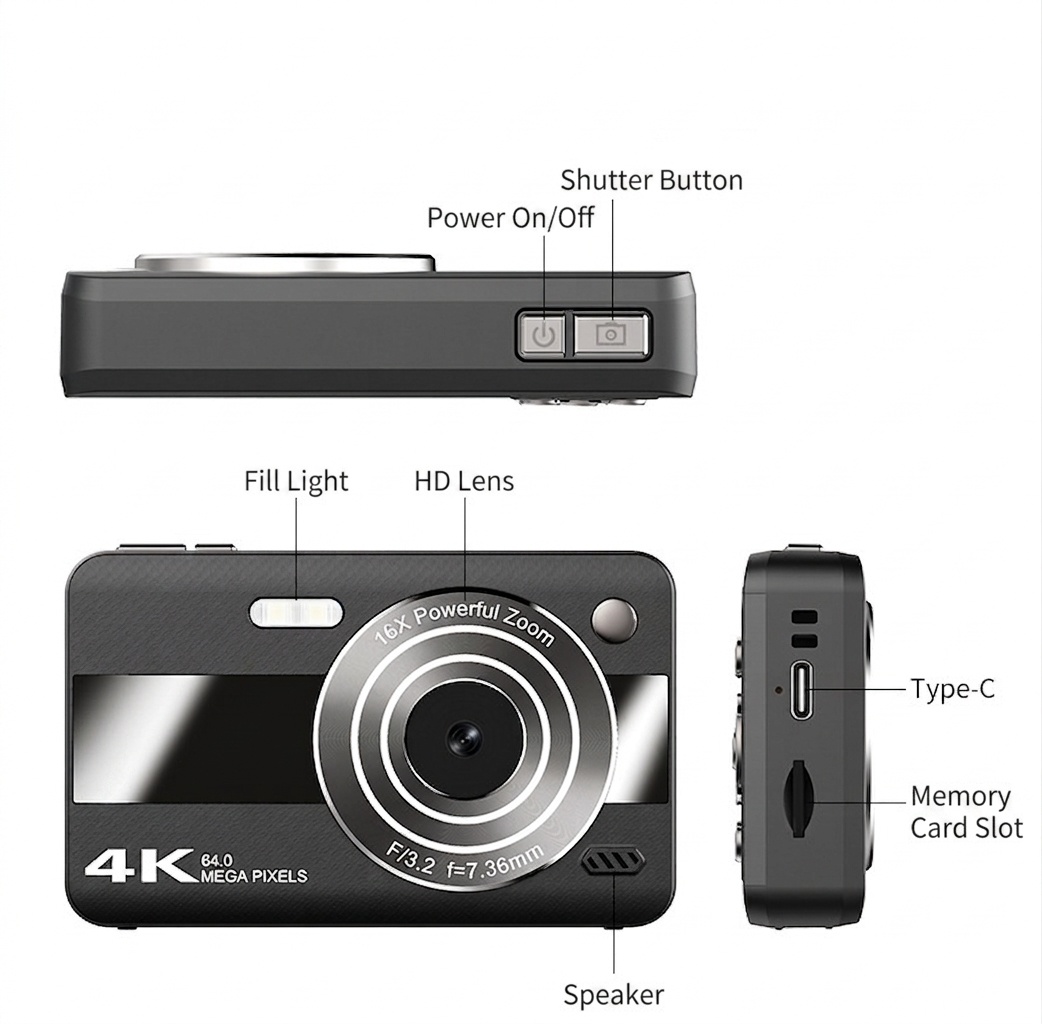 Cámara digital 4K de 64 MP para estudiantes, cámara compacta para vlogging con zoom de 16x, pantalla LCD de 2,4 pulgadas y flash incorporado.