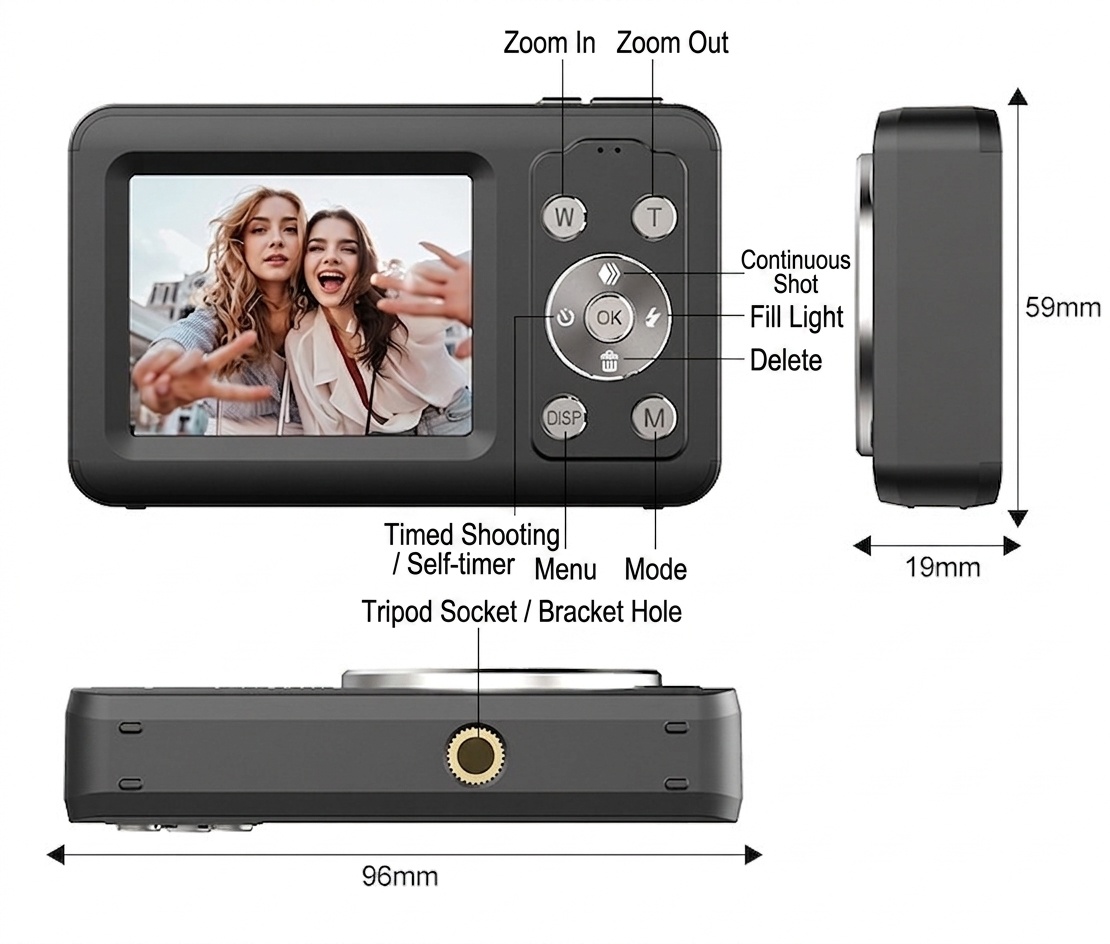 Cámara digital 4K de 64 MP para estudiantes, cámara compacta para vlogging con zoom de 16x, pantalla LCD de 2,4 pulgadas y flash incorporado.
