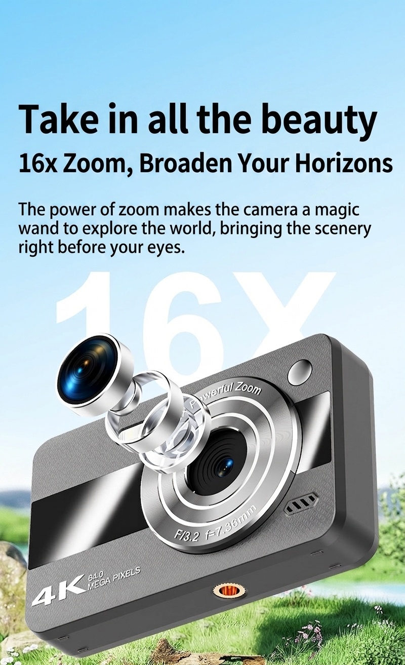 Cámara digital 4K de 64 MP para estudiantes, cámara compacta para vlogging con zoom de 16x, pantalla LCD de 2,4 pulgadas y flash incorporado.