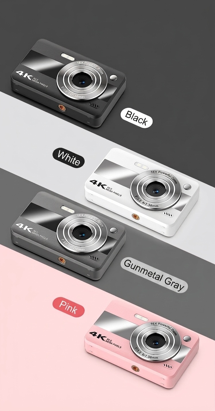 Cámara digital 4K de 64 MP para estudiantes, cámara compacta para vlogging con zoom de 16x, pantalla LCD de 2,4 pulgadas y flash incorporado.