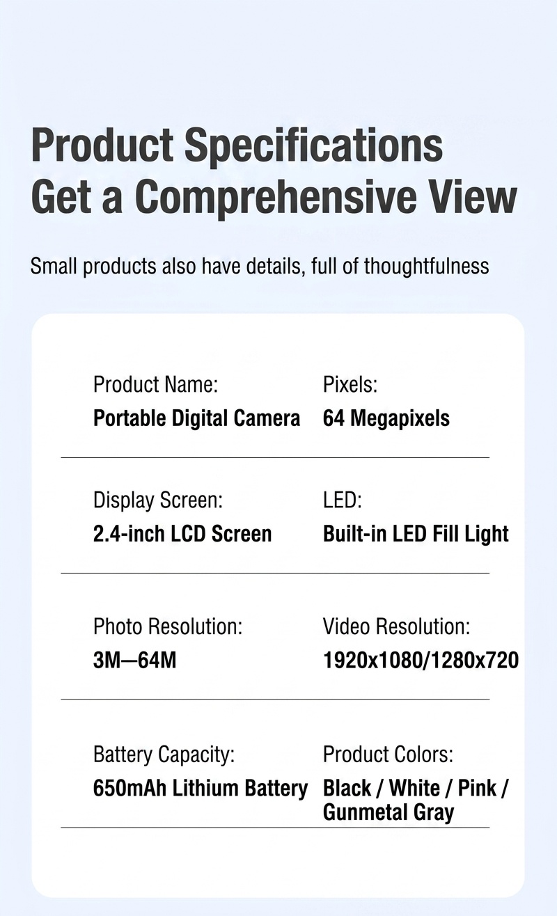 Cámara digital 4K de 64 MP para estudiantes, cámara compacta para vlogging con zoom de 16x, pantalla LCD de 2,4 pulgadas y flash incorporado.