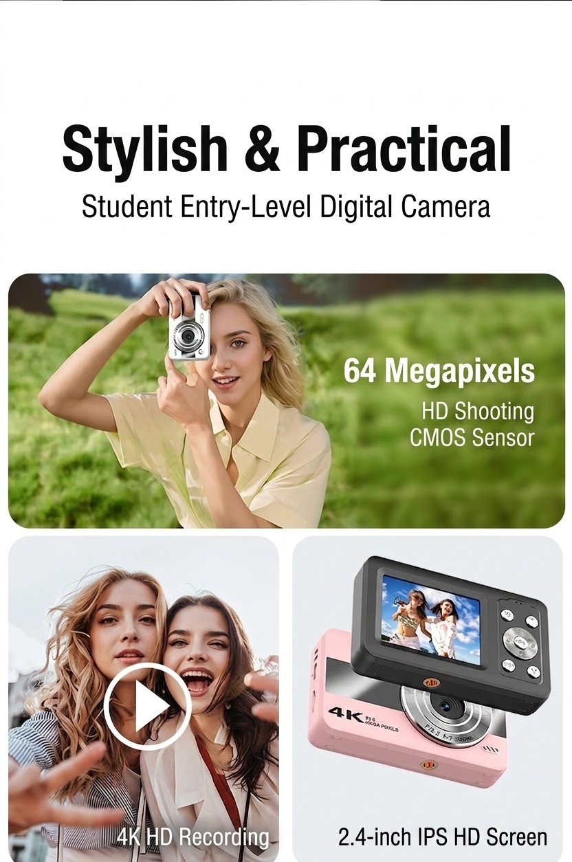 Cámara digital 4K de 64 MP para estudiantes, cámara compacta para vlogging con zoom de 16x, pantalla LCD de 2,4 pulgadas y flash incorporado.