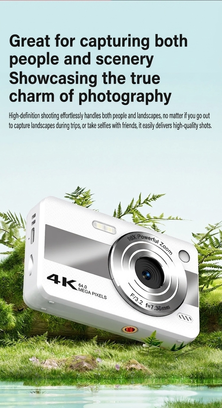 Cámara digital 4K de 64 MP para estudiantes, cámara compacta para vlogging con zoom de 16x, pantalla LCD de 2,4 pulgadas y flash incorporado.